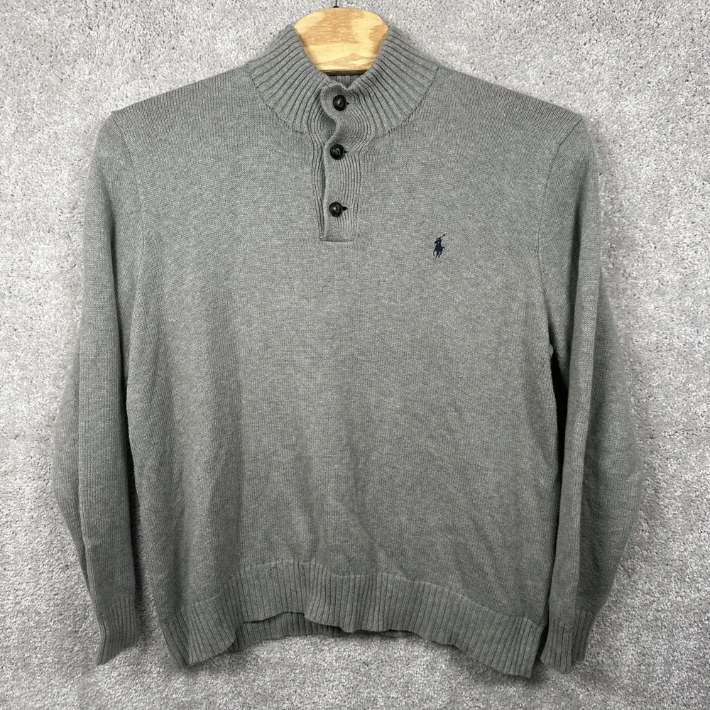 Polo Ralph Lauren Sweater Mens XXl Mock‎ Neck Gray Button Pullover Knit Cotton